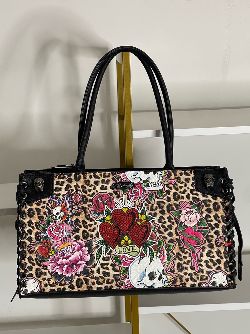 Ed Hardy Rhinestone Skull Leopard Tote